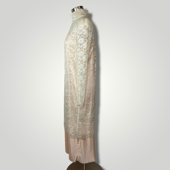 Vintage 1980s Dress Scott McClintock Cream Lace Overlay Pink Slip Pleated B1011 - Picture 2 of 4